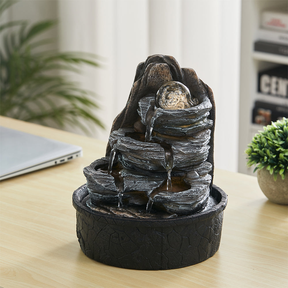 Tiered Rock Tabletop Water Fountain With Led Crystal Ball