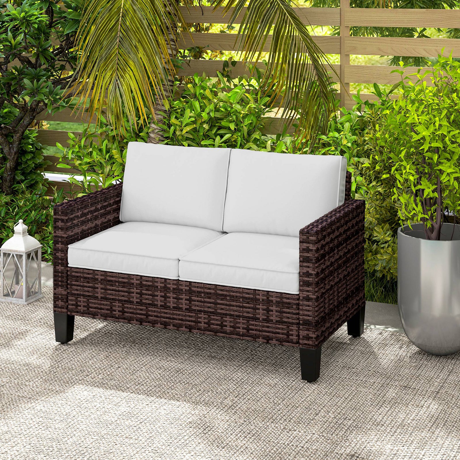 Rattan Sofa W/ Cushions, 2 Seater Garden Furniture | Brown