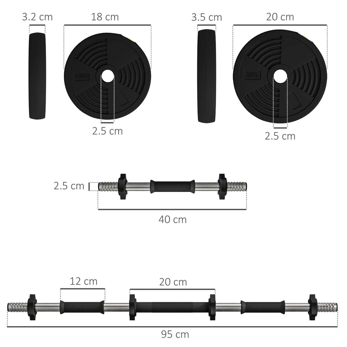 SPORTNOW 15kgs 2-in-1adjustable Barbell & Dumbbells Set, Black And Green