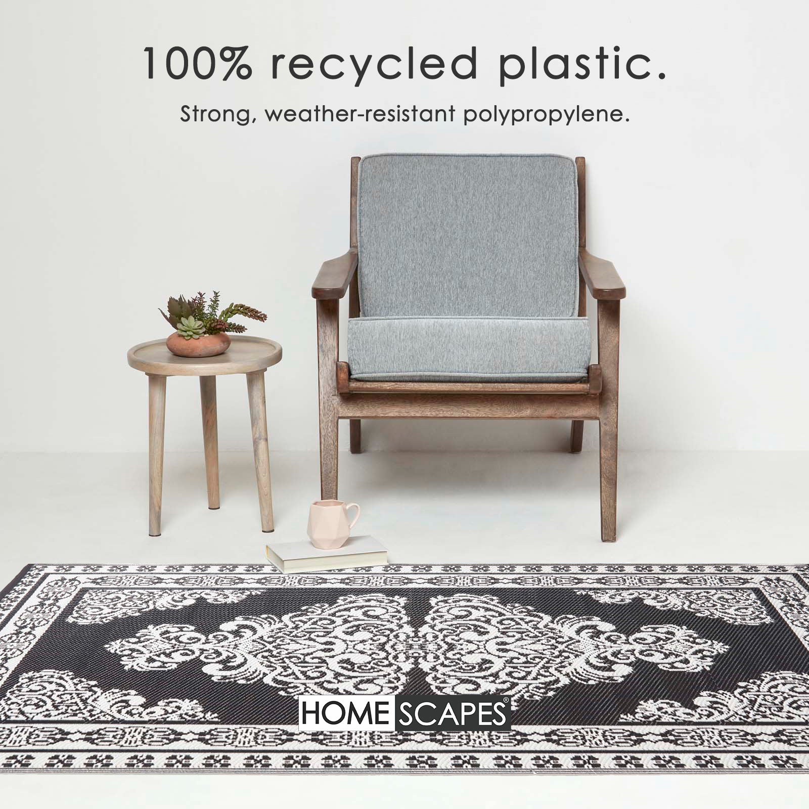 Luxury Outdoor Rug Waterproof Reversible For Garden Patio, Monochrome Motif
