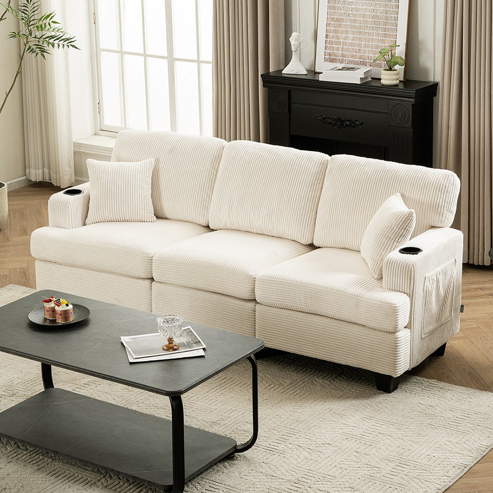 Corduroy 3-seater Couch For Living Room With Cup Holders, Wooden Frame, Soft Cushions, Modern Sofa | Beige