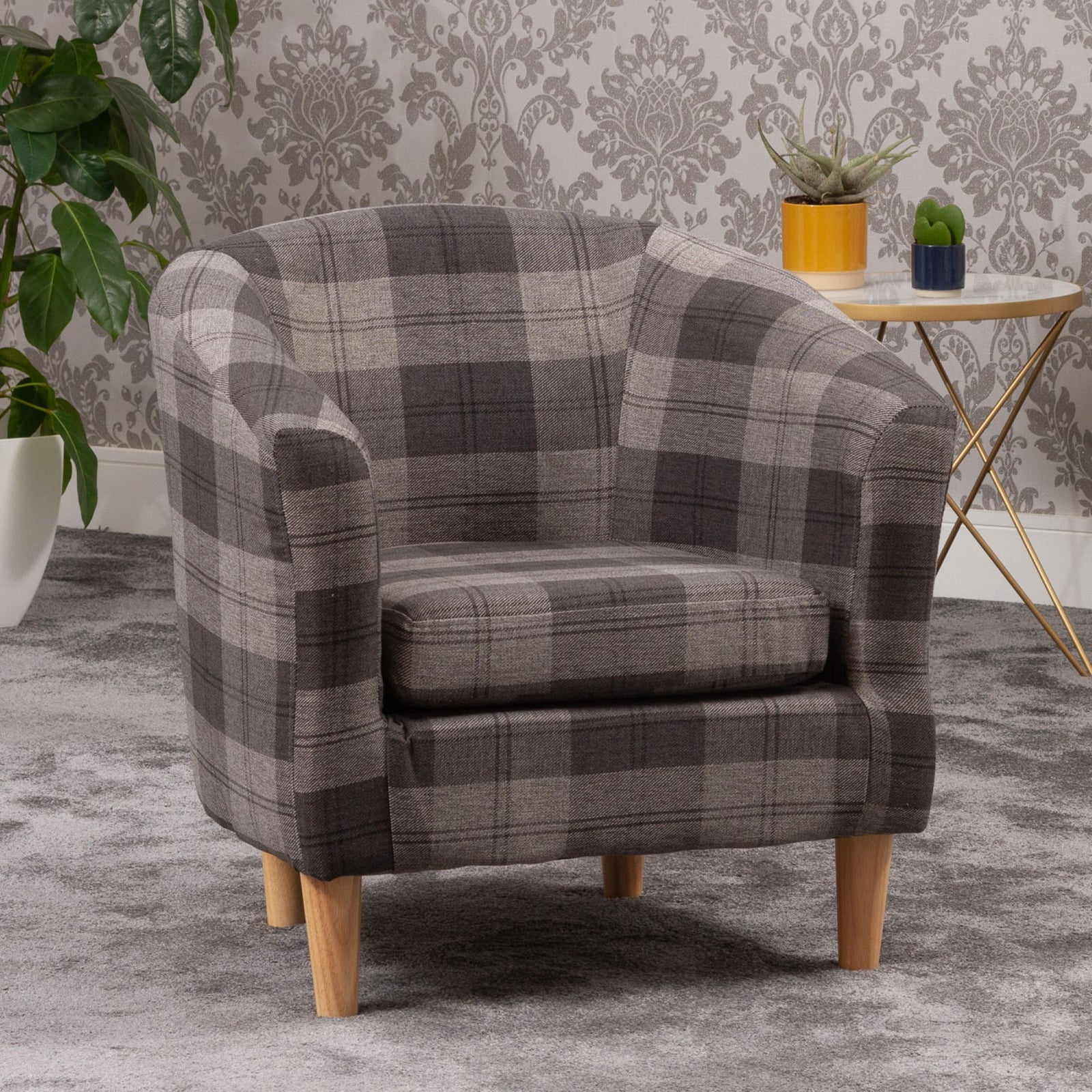 Medford 69cm Wide Chequered Fabric Tub Chair With Dark And Light Wooden Legs | Grey