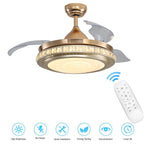 Modern 3 Blade Gold Crystal Ceiling Fan With Dimmable Led Light & Remote Luxury Round Design
