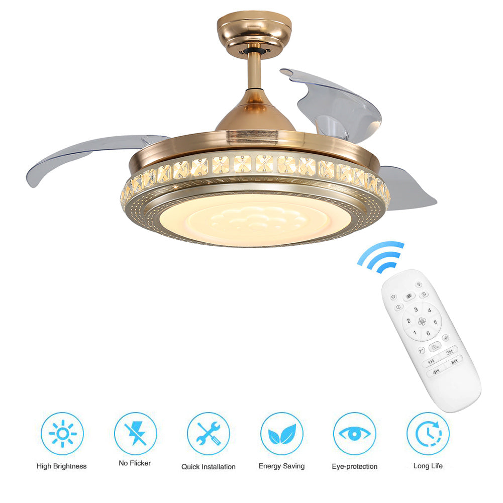 Modern 3 Blade Gold Crystal Ceiling Fan With Dimmable Led Light & Remote Luxury Round Design