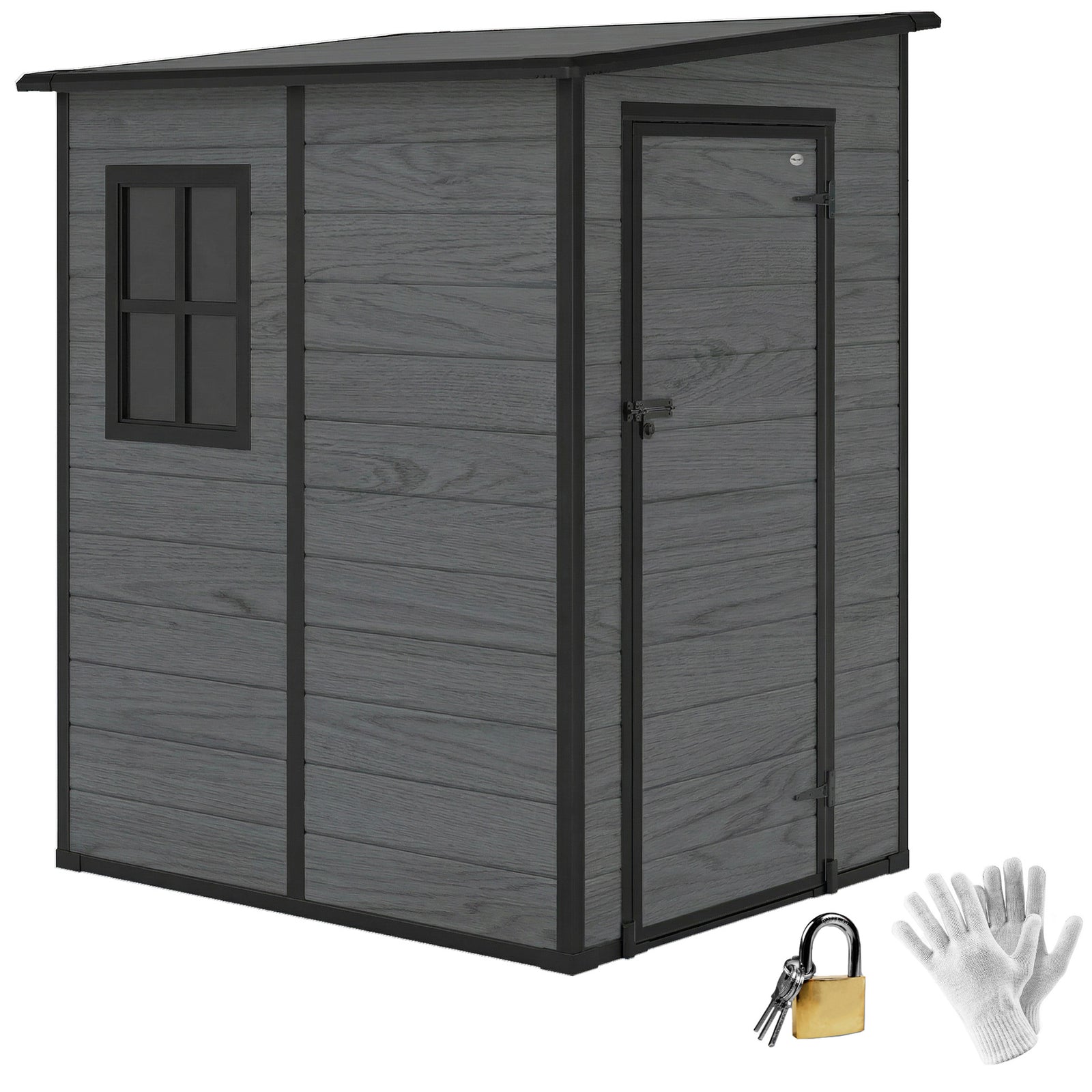 Lean To Garden Shed, Plastic Tool Storage House W/ Lockable Door | Dark Grey