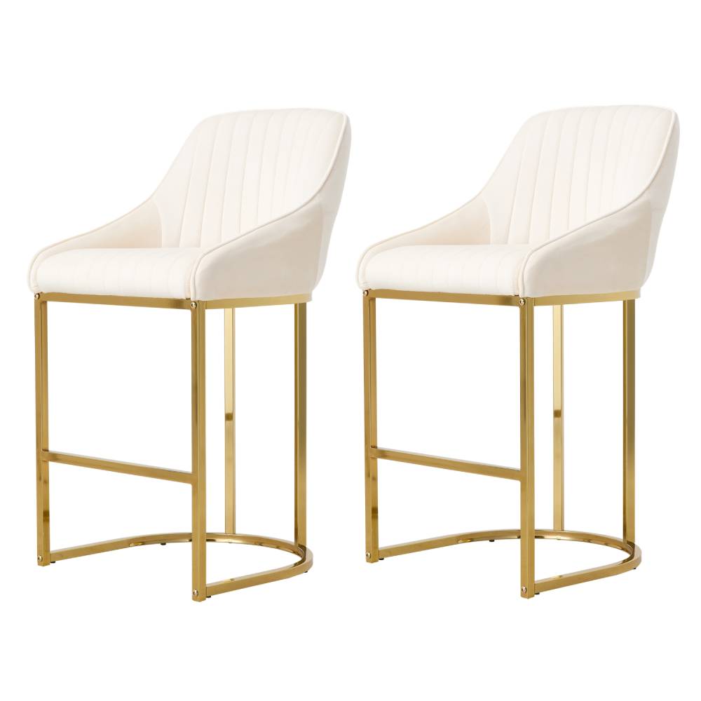Modern Velvet Upholstered Bar Stools With Metal Legs, Set Of 2 – Contemporary Design, Comfortable Padded Seat, And Anti-slip Base | White