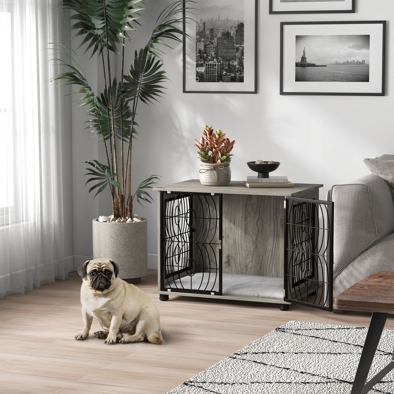 Dog Crate Table W/ Lockable Door, Plush Cushion