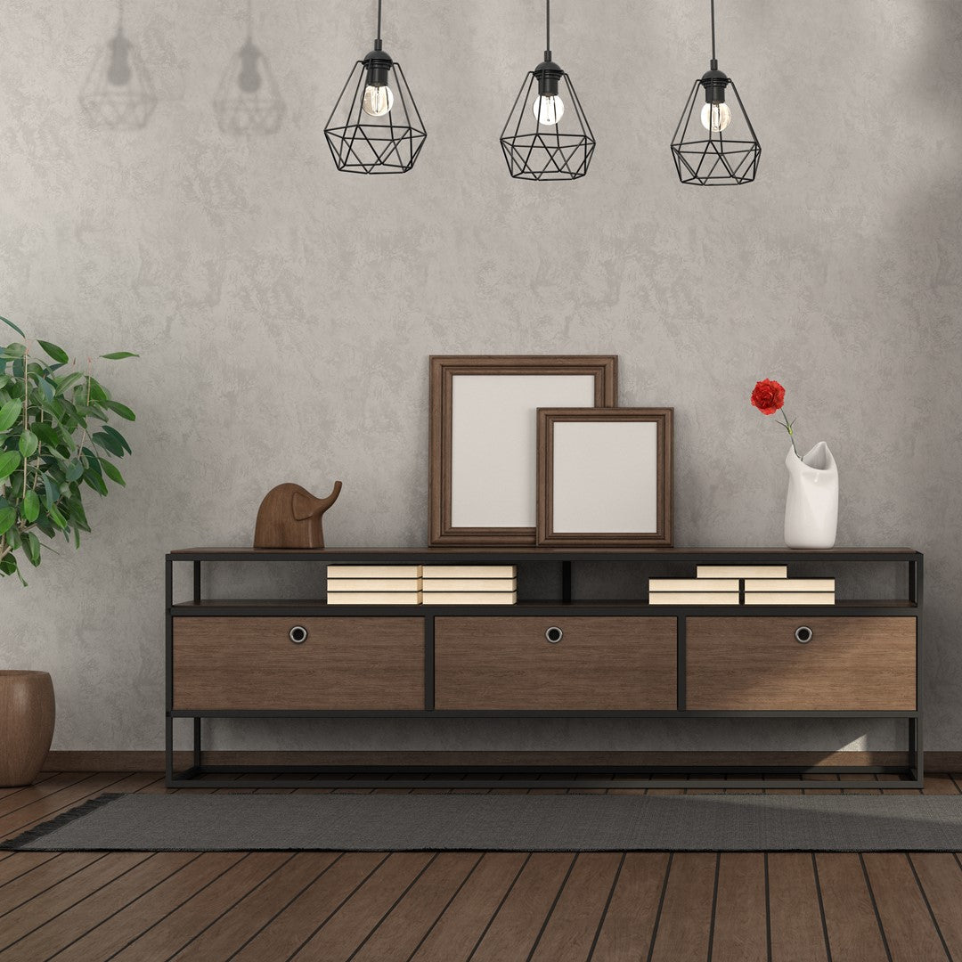 Acero Pendant Lamp 3xe27 This Hand Made Industrial Style Lamp Is Hand Made From Sleek Black Steel And Natural Dark Wood