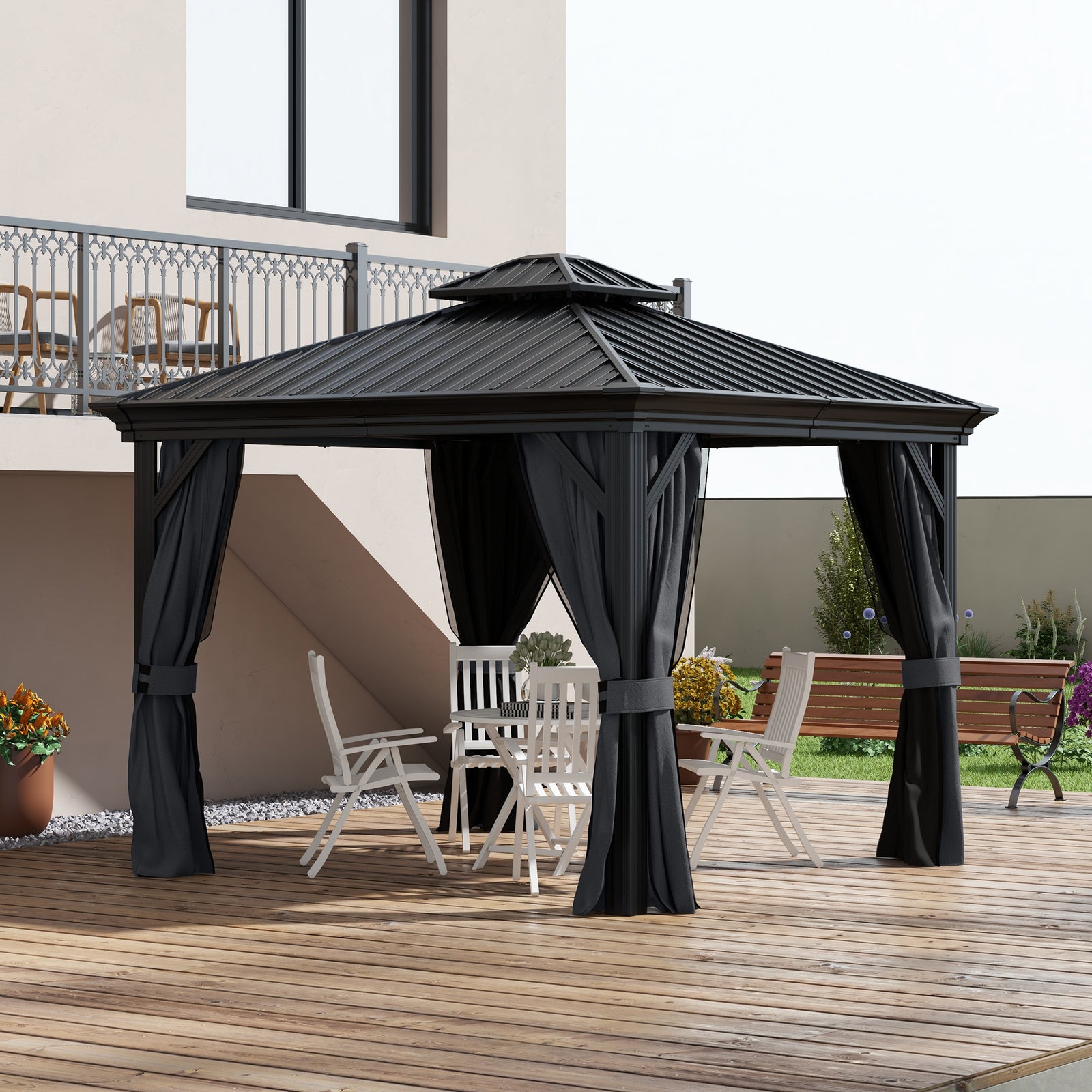 3 X 3.7m Aluminium Outdoor Hardtop Gazebo Canopy 2-tier Roof | Gray