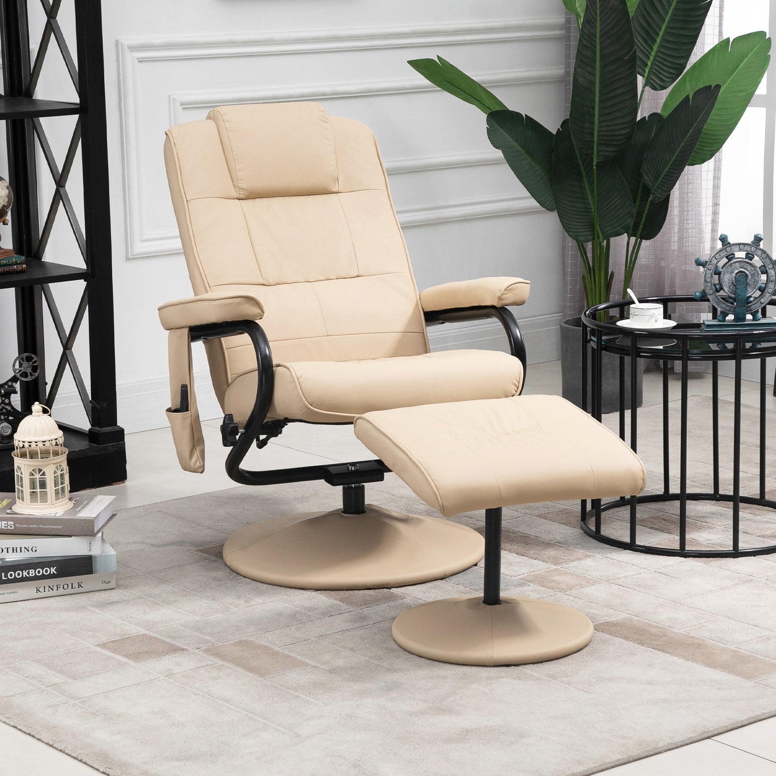 Massage Recliner Chair Cushioned Ottoman 10 Point Vibration | One Size | Beige