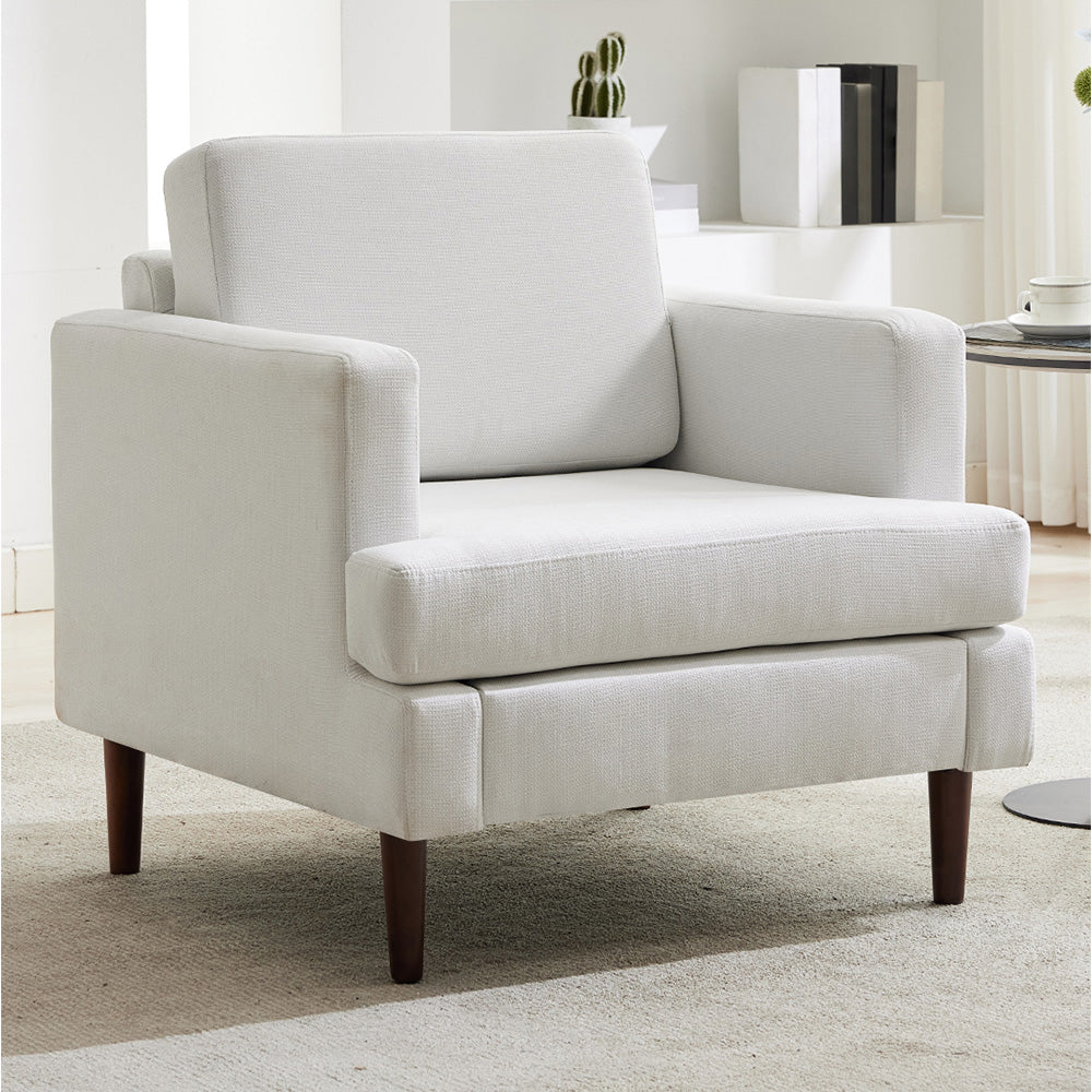 Mid-century Modern Single Sofa Chair – Linen Upholstery, High-density Foam, Walnut Legs, Comfortable Accent Chair | Off White