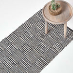 Black & White Real Leather Handwoven Striped Block Check Rug | 200cm | Black & White