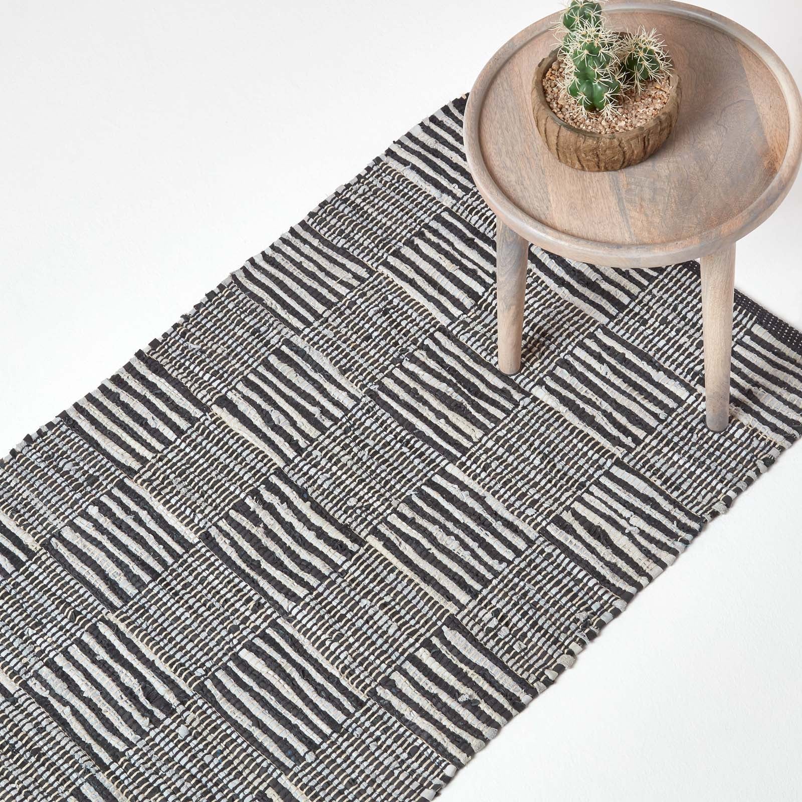 Black & White Real Leather Handwoven Striped Block Check Rug | 200cm | Black & White