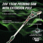 Eco 20v 15cm Cordless Pruning Saw With 100-215cm Telescopic Pole And 2ah Battery