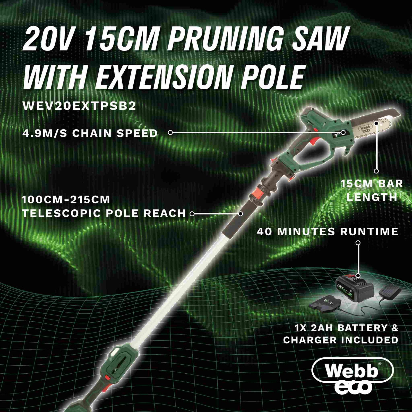 Eco 20v 15cm Cordless Pruning Saw With 100-215cm Telescopic Pole And 2ah Battery