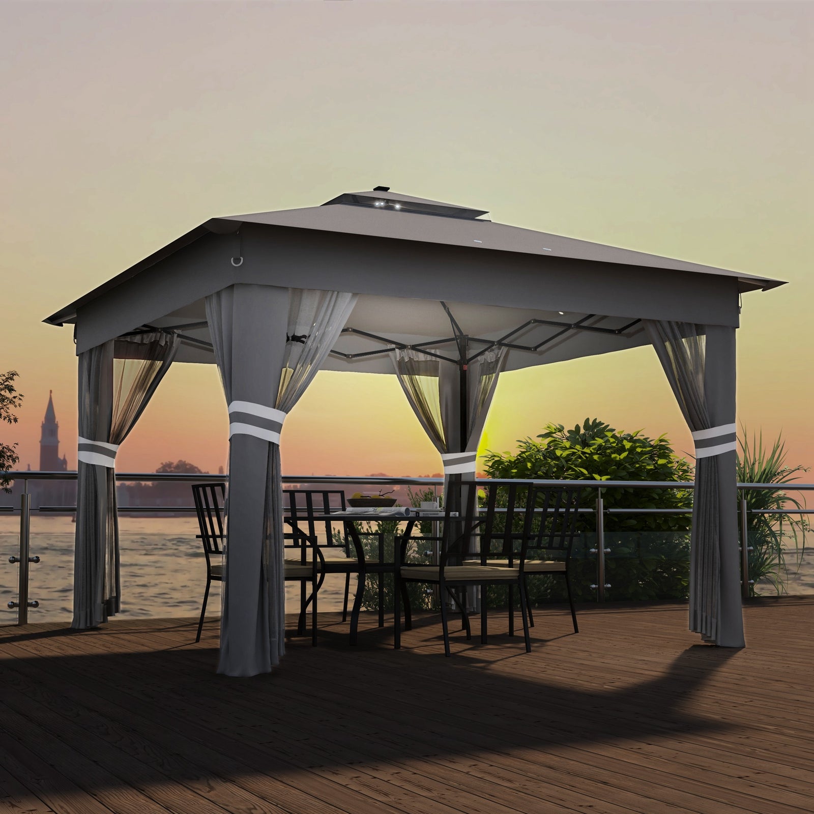 3x3(m) Pop Up Gazebo W/ Solar-powered Led Lights Curtain | Gray