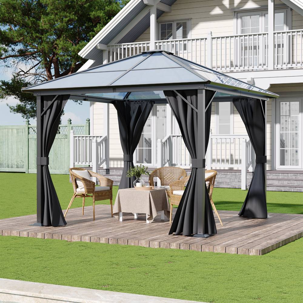 3x3m Hardtop Patio Gazebo With Curtains Metal Frame Outdoor Canopy Shelter 2.6m Height