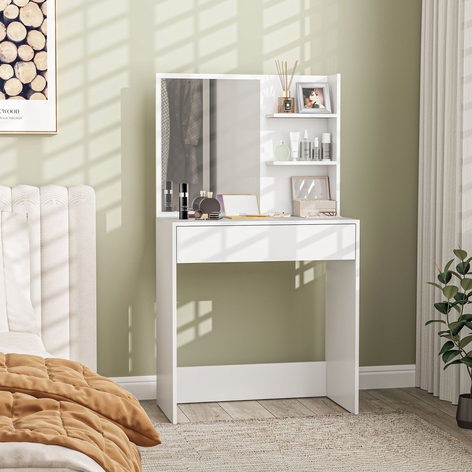 Dressing Table With Mirror And Storage, Modern Vanity Desk, White