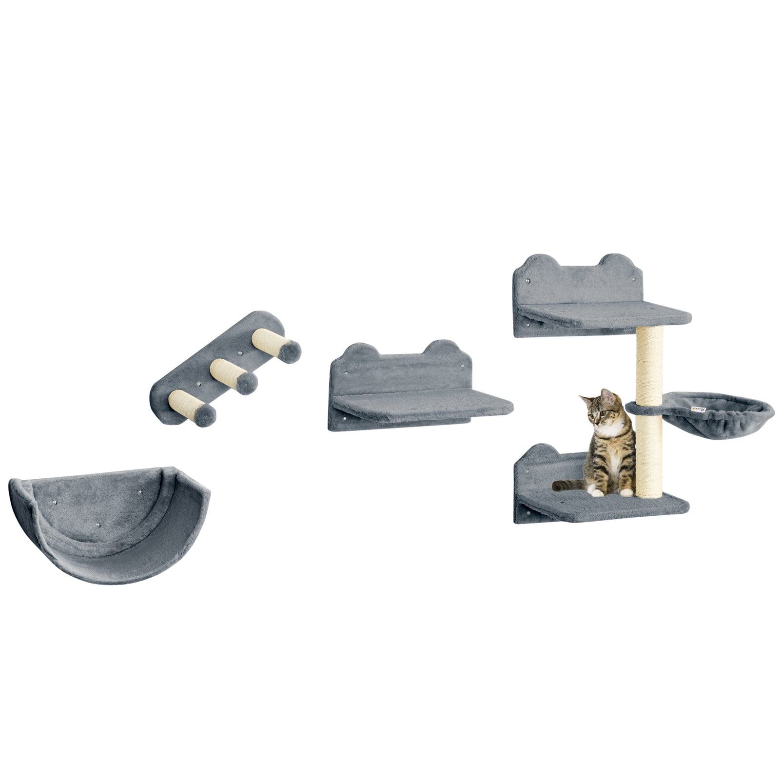 4pcs Wall Mounted Cat Tree Cat Wall Shelves W/ Scratching Post | Gray