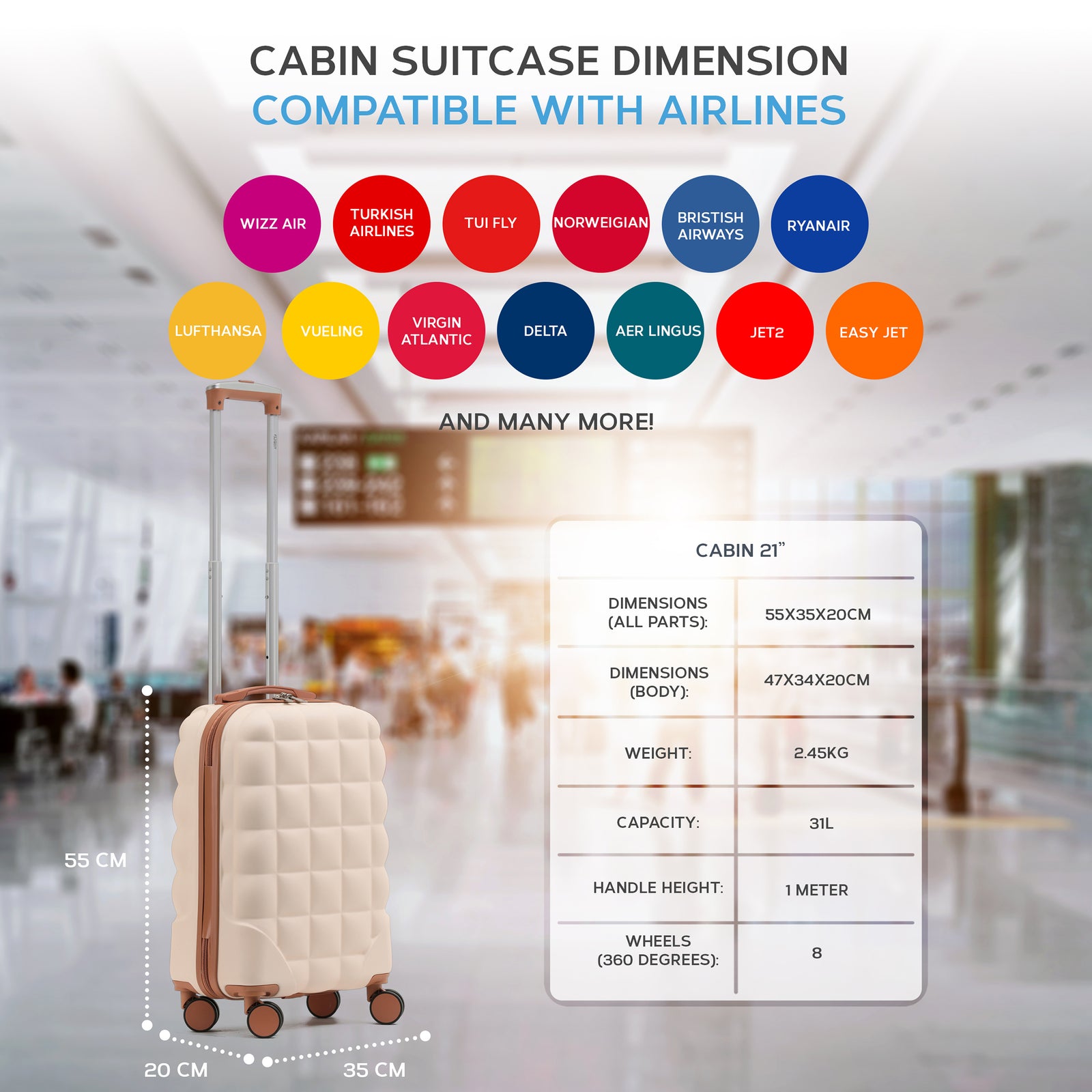 55x35x20cm Hard Case Bubble Carry On Suitcase - 100+ Airline Approved | Cabin | Cream