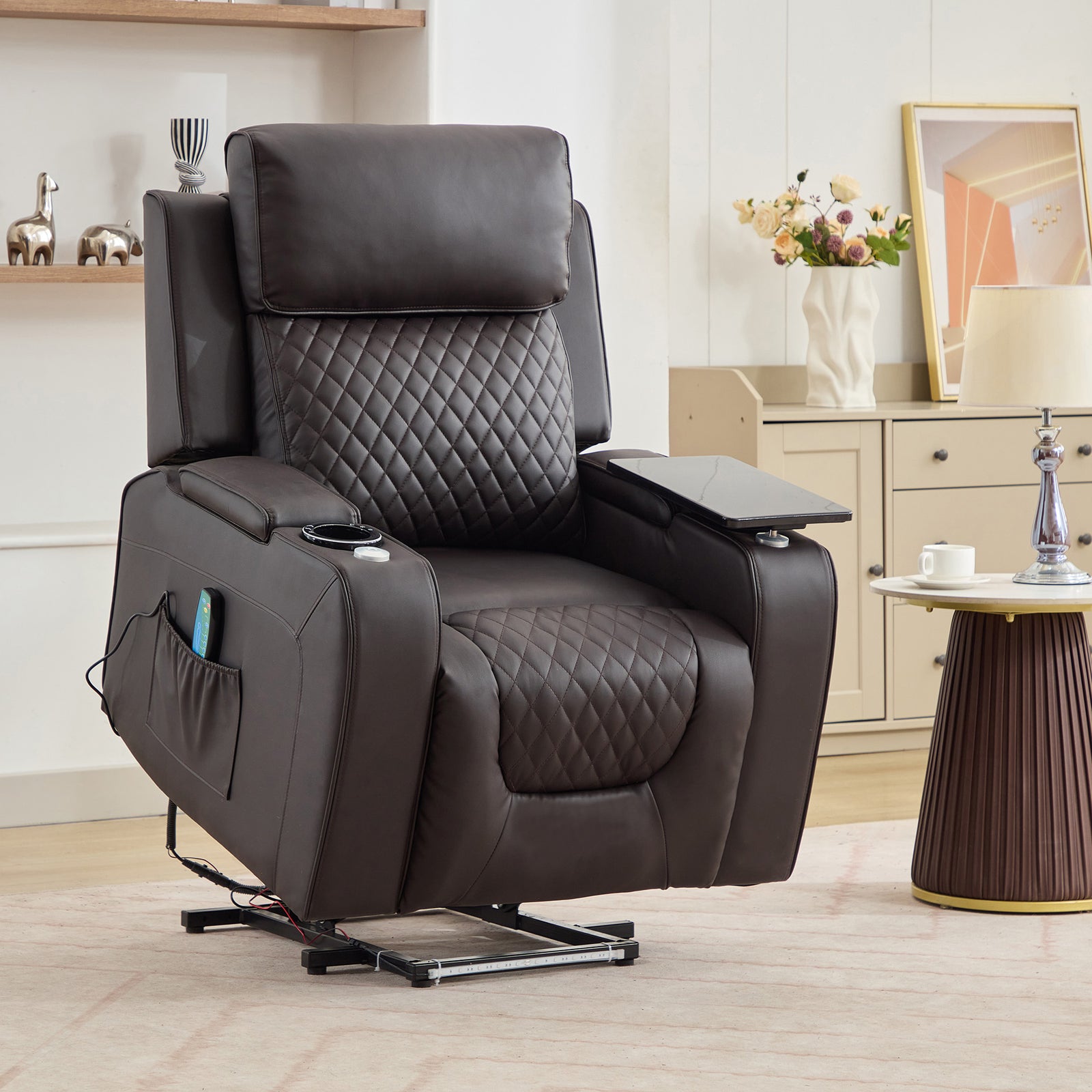 Byron Electric Riser Recliner Chair With Massage And Heat, Drink Cooler, Table | Brown