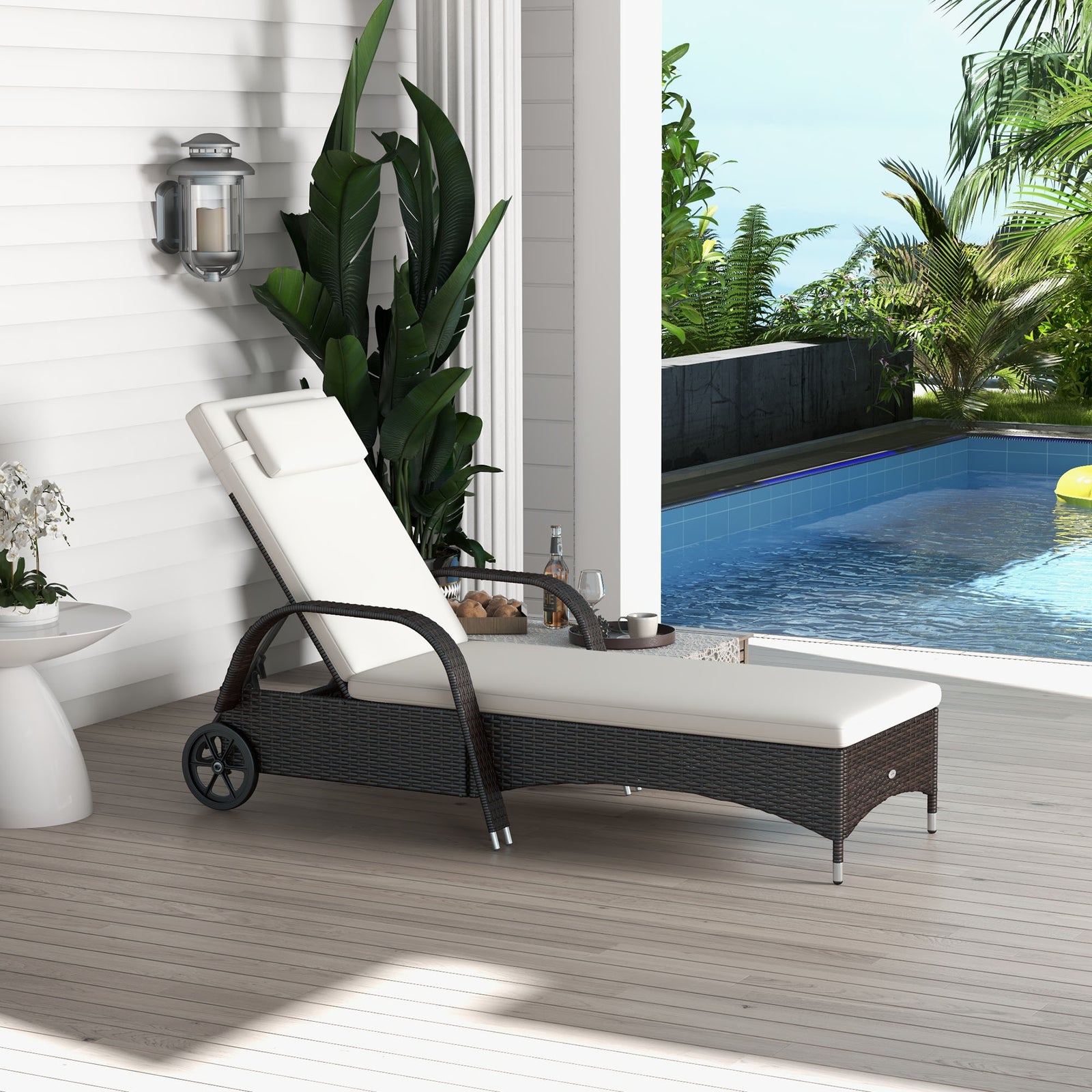 Adjustable Rattan Sun Lounger W/ Cushion | Brown