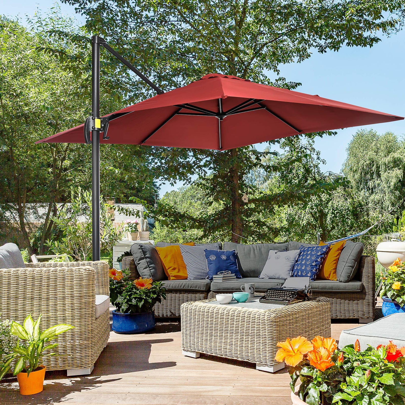 Square Cantilever Roma Parasol W/ 360° Crank & Base | Red