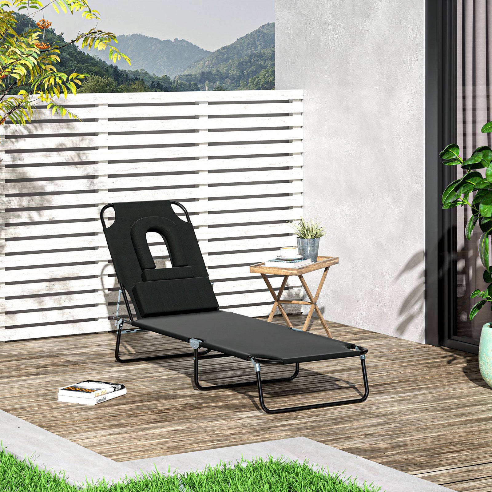 Garden Sun Lounger Folding Recliner Chair | Set of 1 | Black