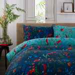 Fox And Floral Cotton Rich 200 Thread Count Reversible Duvet Cover Set | Super King | Navy Blue