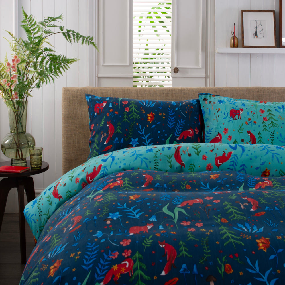 Fox And Floral Cotton Rich 200 Thread Count Reversible Duvet Cover Set | Super King | Navy Blue