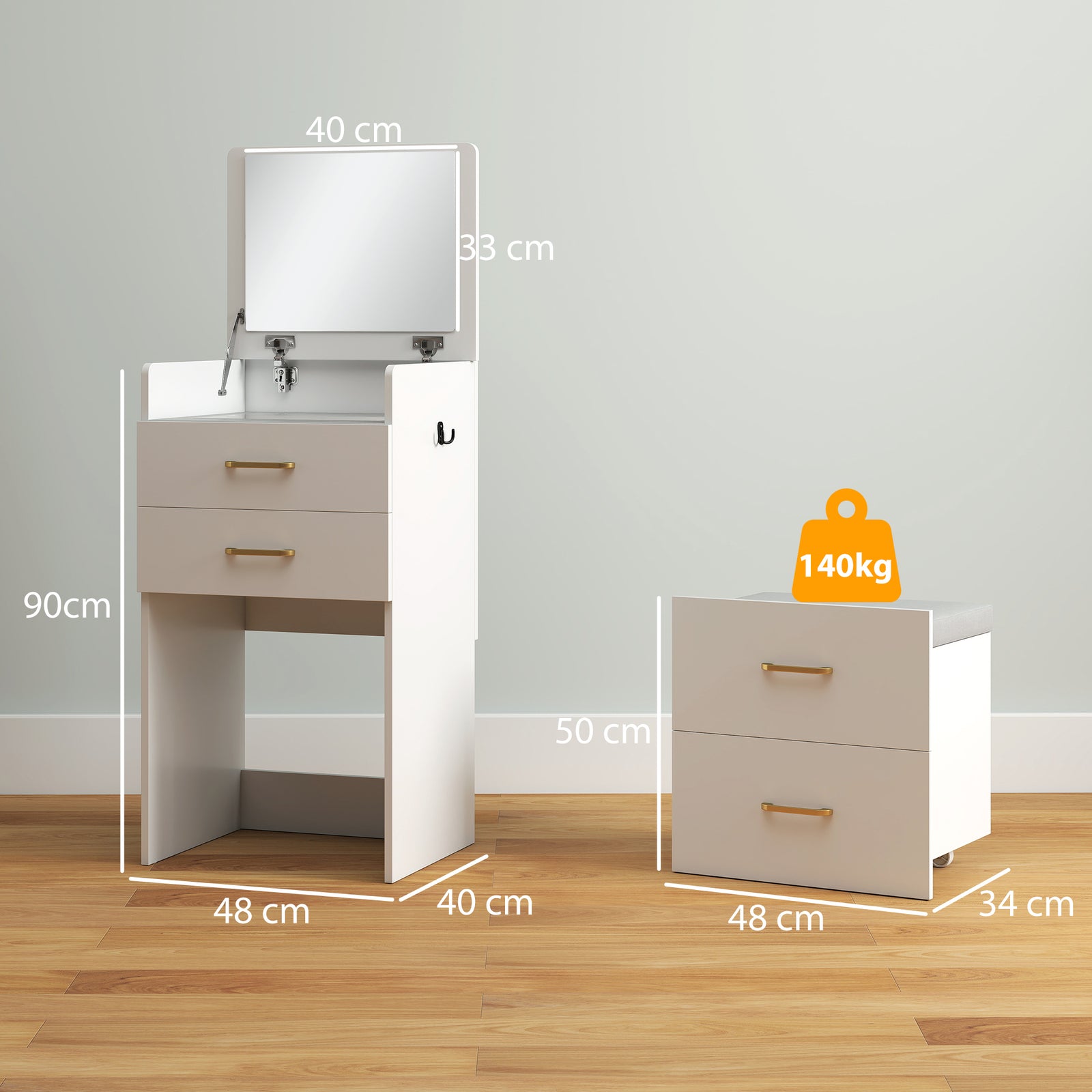 3 In 1 Dressing Table Vanity Desk With Mirror And Cushioned Stool