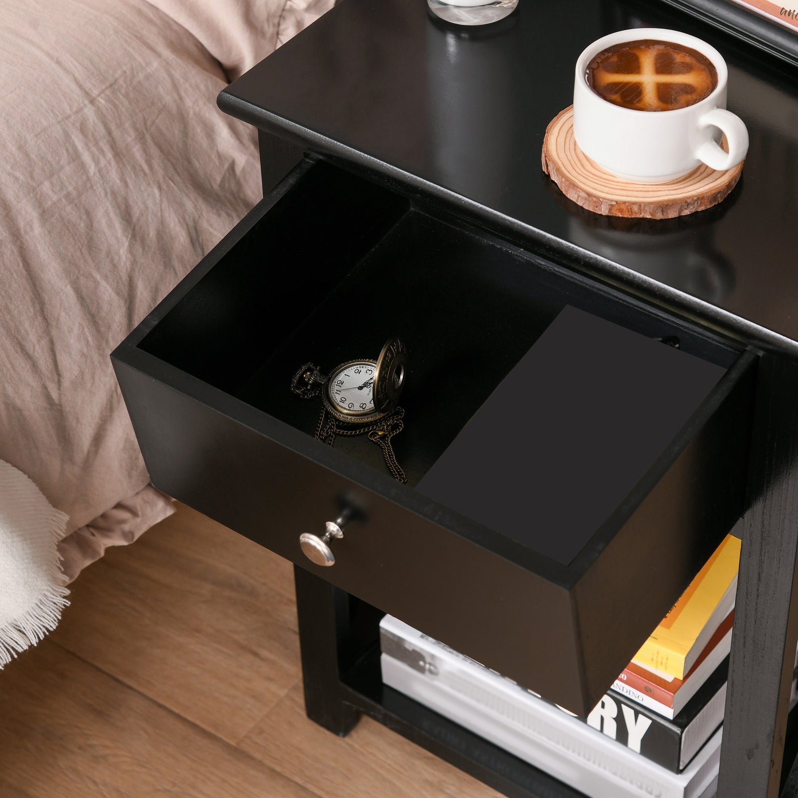 Side Table Nightstand For Bedroom With Drawer & Bottom Shelf | Black