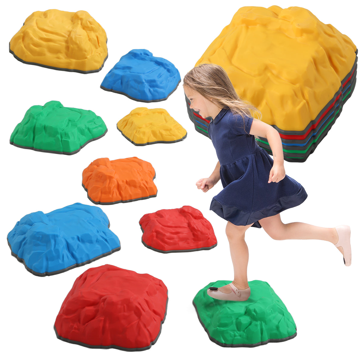 Balance Stepping Stones For Kids, River Stones With Non-slip Bottom | Set of 9 | Multi