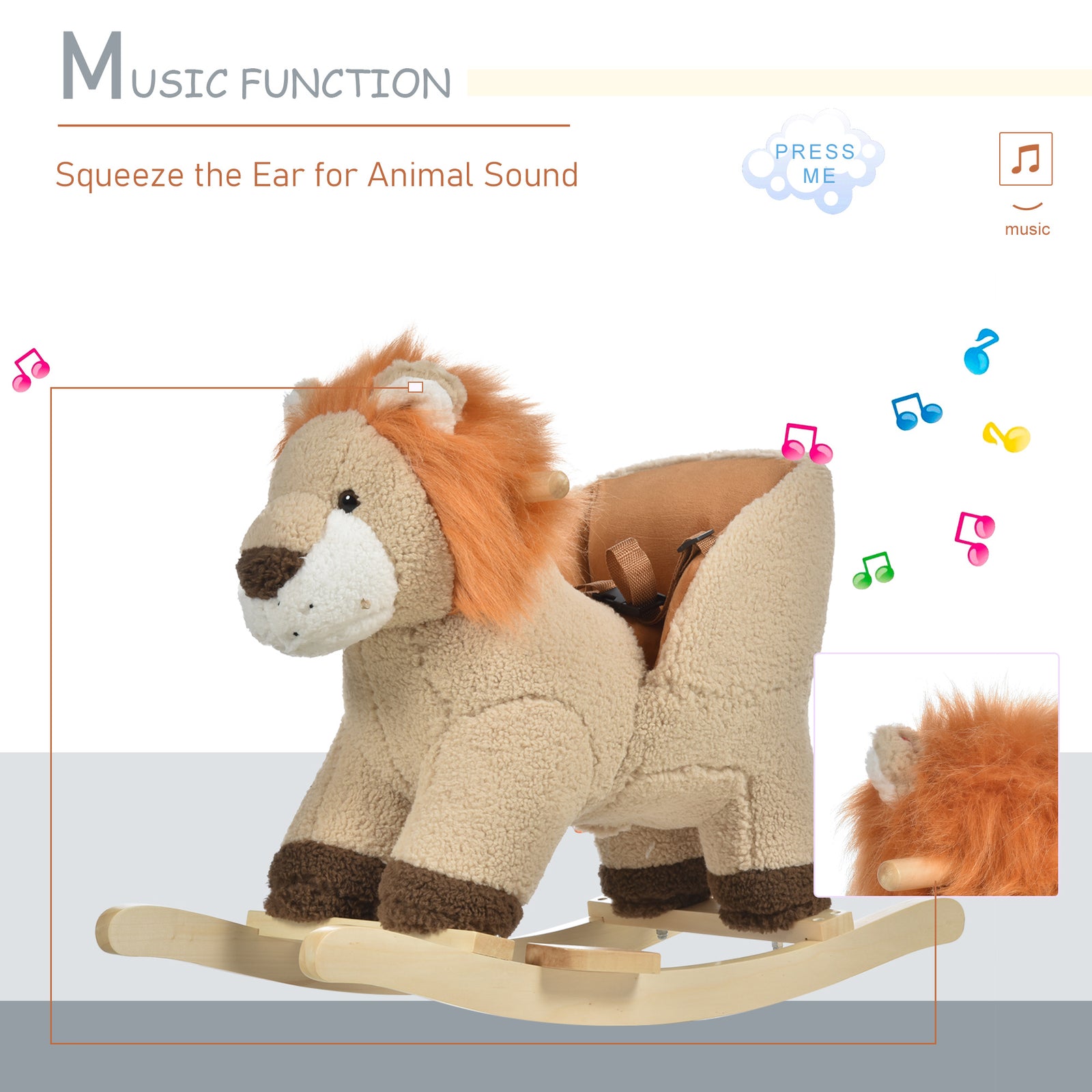 Kids Rocking Lion Plush Ride On Seat W/ Sound Button Wood Base Seat Belt