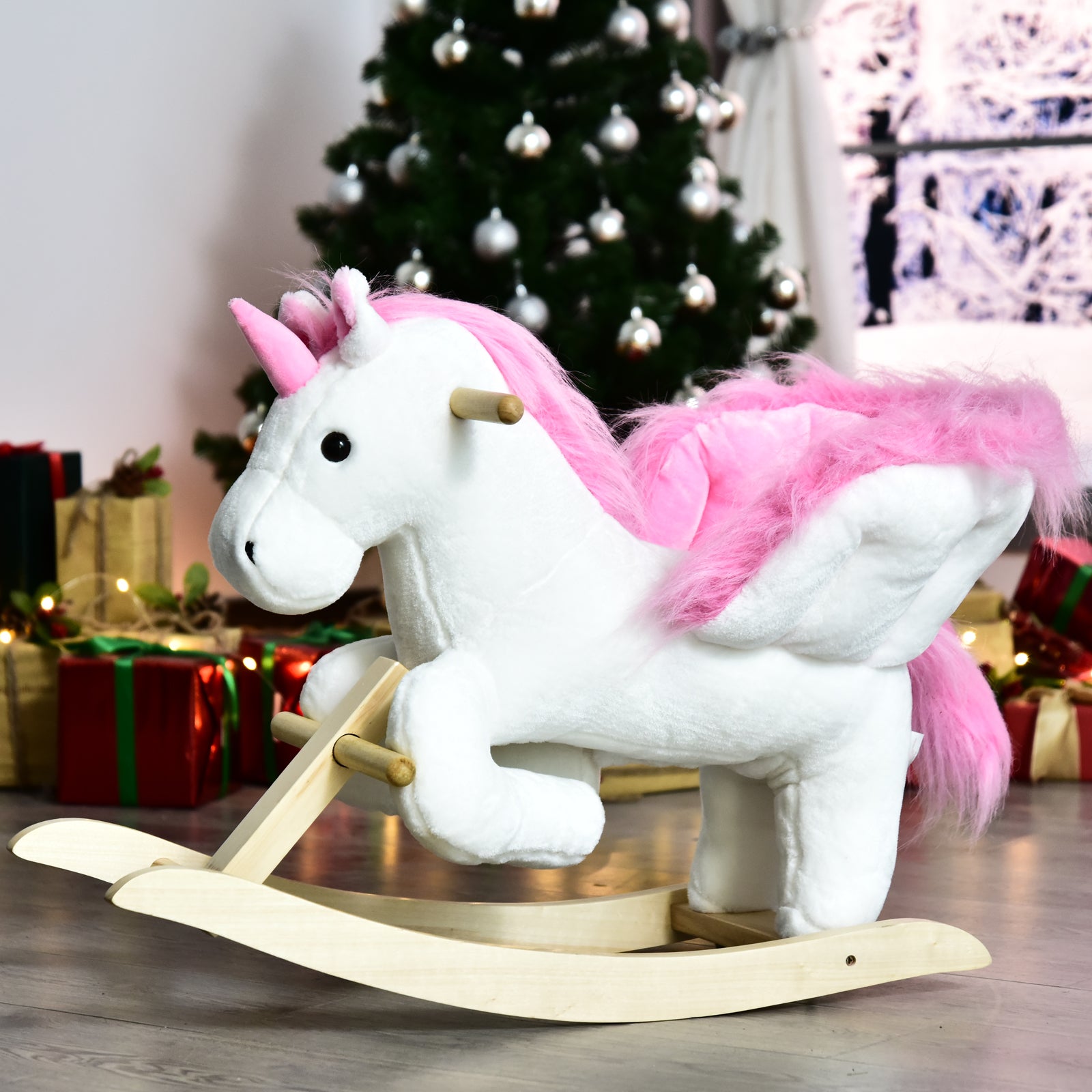 Kids Wooden Ride On Unicorn Rocking Horse Plush Toy Soft Seat Pink
