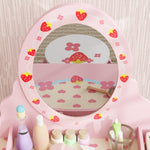 Kids Dressing Table Set, Strawberry Theme Vanity Table With Stool, Mirror Drawer