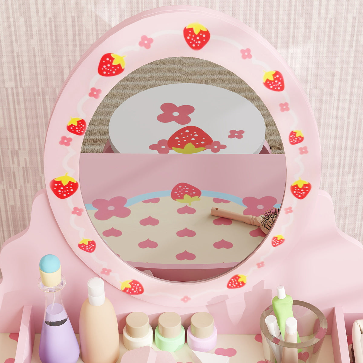 Kids Dressing Table Set, Strawberry Theme Vanity Table With Stool, Mirror Drawer