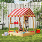 AIYAPLAY Wooden Kids Sandpit, Boat-style Sandbox W/ Canopy, Seats, Rudder & Bottom Liner