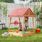 Wooden Kids Sandpit, Boat-style Sandbox W/ Canopy, Seats, Rudder & Bottom Liner