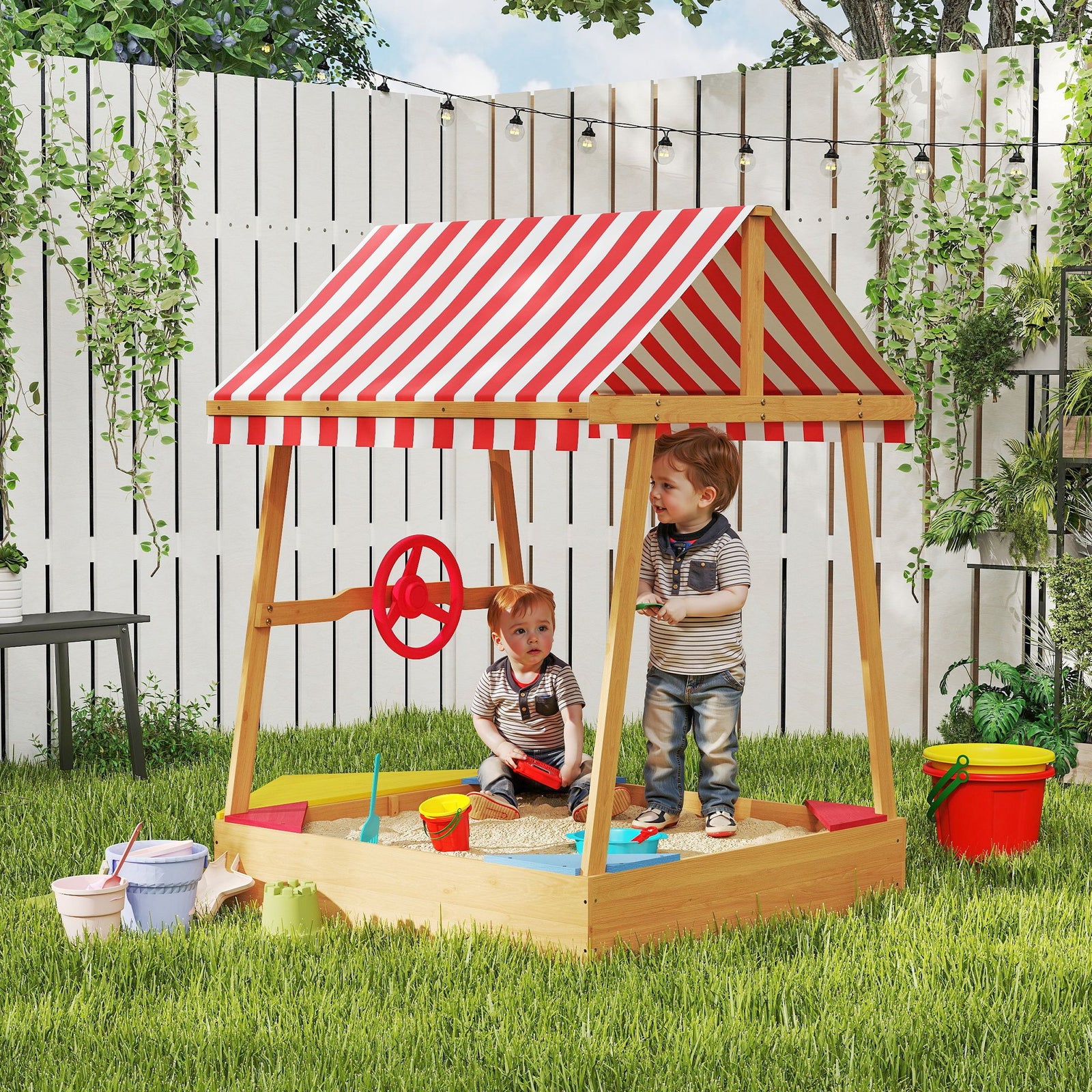 Wooden Kids Sandpit, Boat-style Sandbox W/ Canopy, Seats, Rudder & Bottom Liner