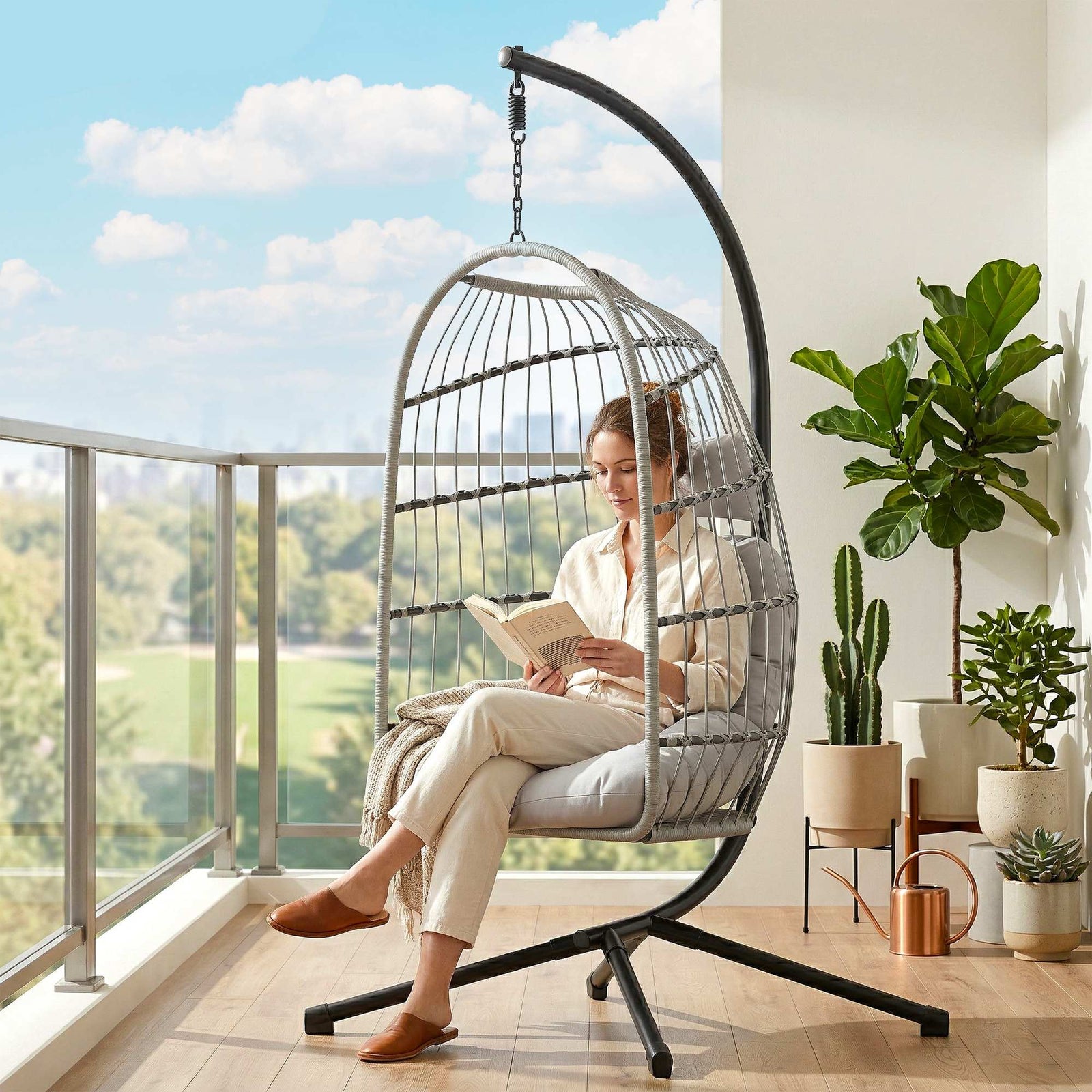 Hanging Egg Chair, Outdoor Swing Chair With Stand | Grey