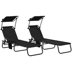 2 Folding Sun Loungers W/ Sunshade - Black