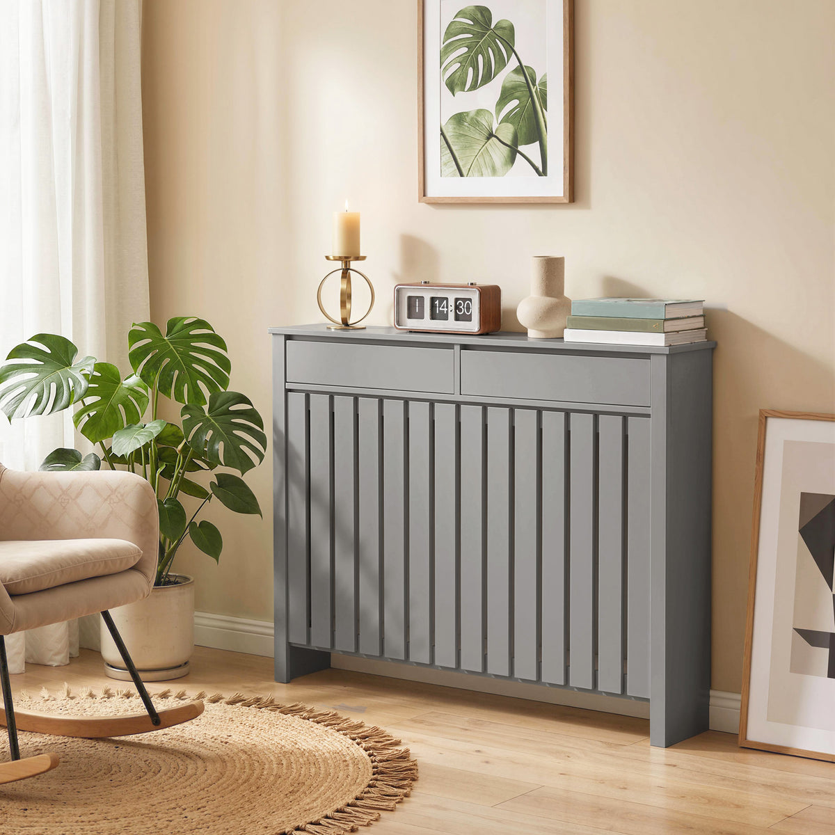HOMCOM Large Radiator Cover With Drawers And Vertical Slats 119 X 19 X 93cm