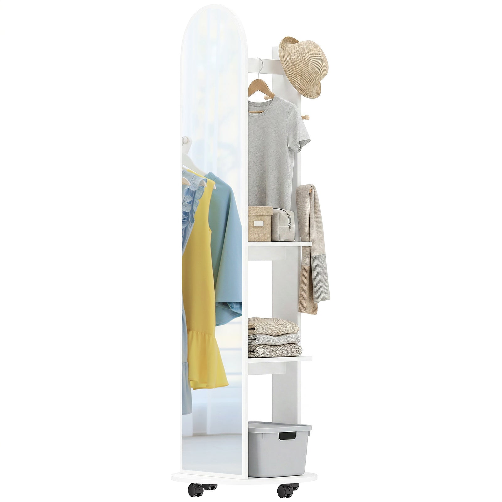 2-in-1 Full Length Mirror With Shelves, 4 Wheels, White | White