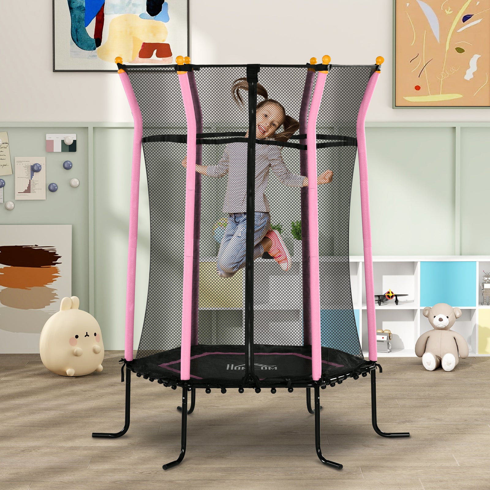 5.4ft Kids Trampoline With Enclosure Indoor Outdoor For 3-10 Years | Pink