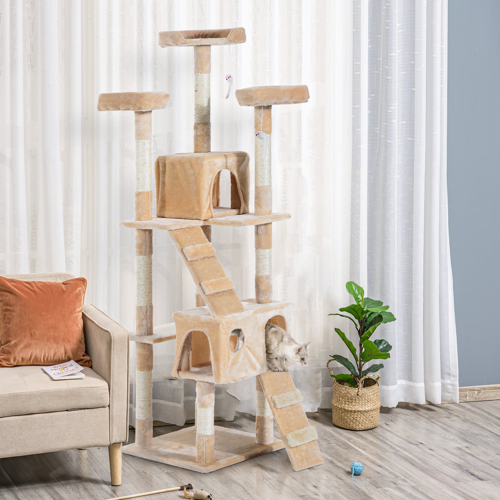 Cat Tree Scratcher Activity Centre, Condo Scratching Post Toy Bed | Cream