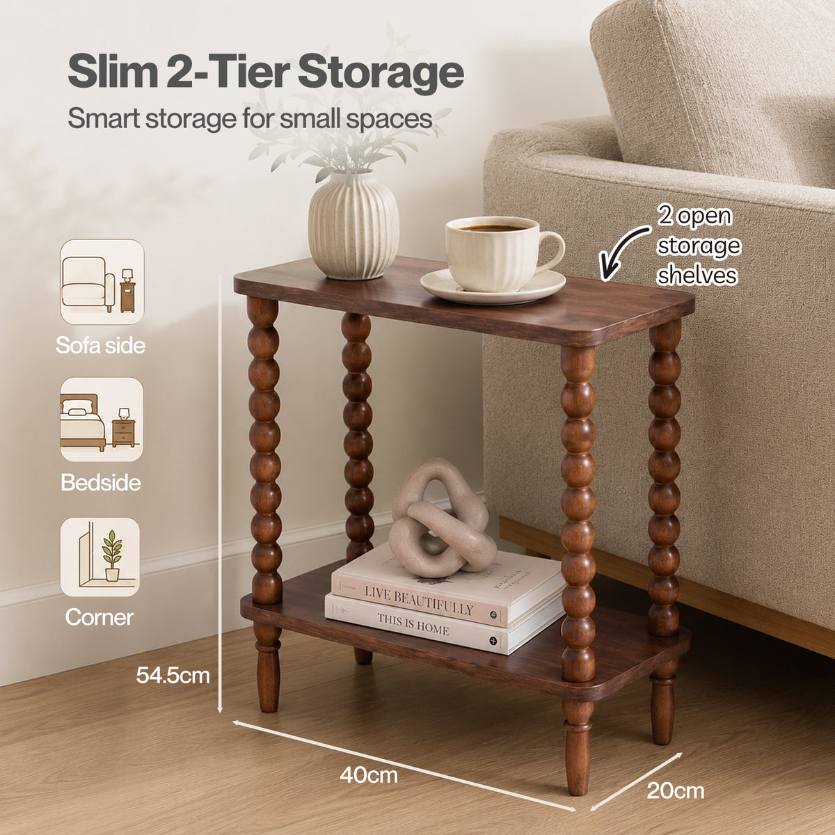 Levede Narrow Side Table 2 Tier Storage Mdf End Table Rubber Wood Legs Brown