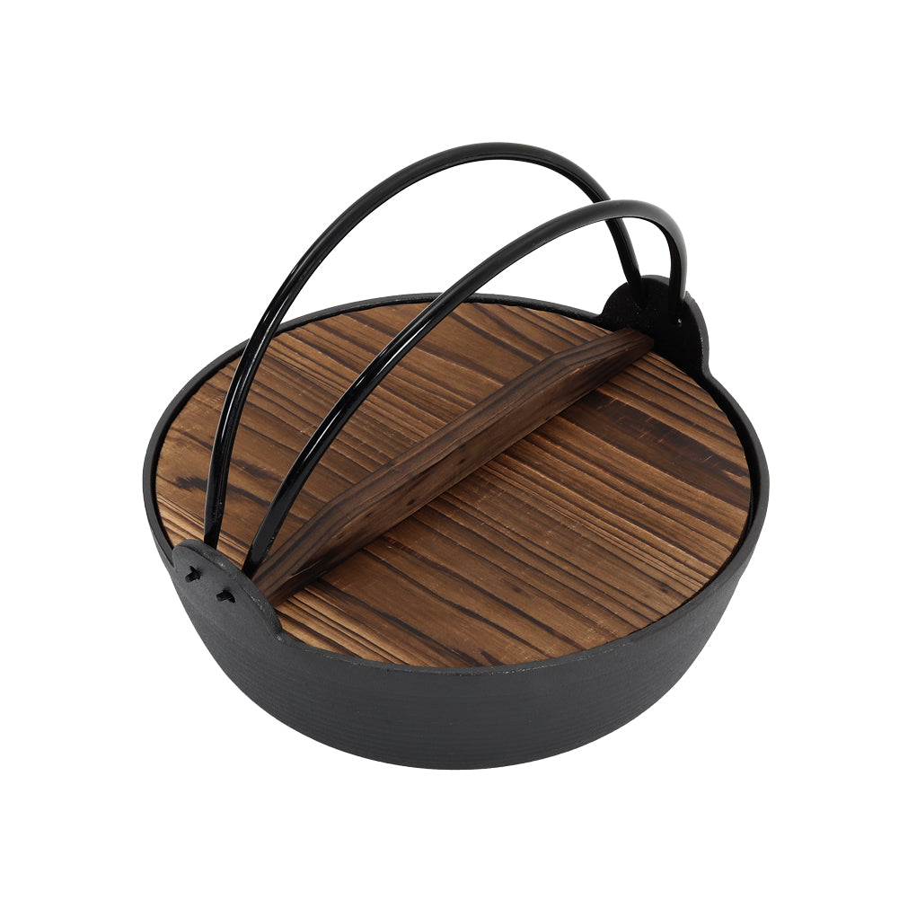 27cm/29cm Dia Cast Iron Pot With Wooden Lid For Campfire Cooking | Large | Black