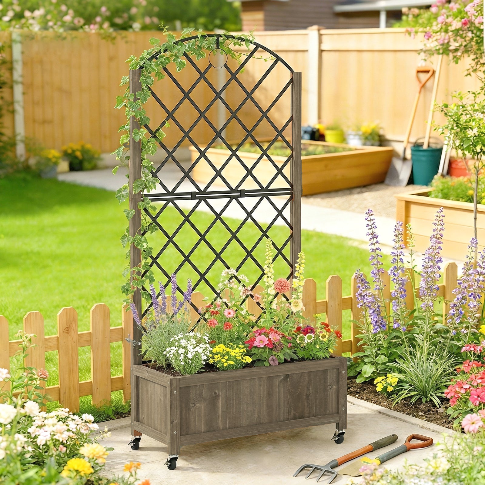 Garden Bed W/metal Trellis, Wooden Elevated Planter Box | Dark Brown