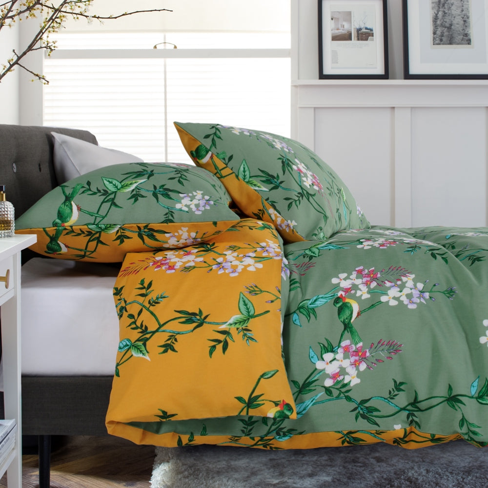 Bird Garden Sage 200 Thread Count Cotton Rich Reversible Duvet Cover Set | Double | Green